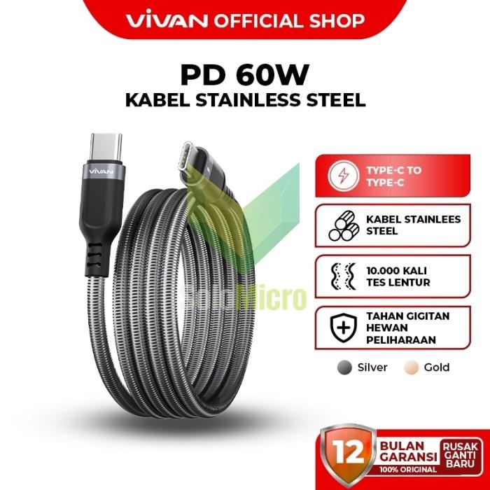 VIVAN Kabel Data Stainless Steel VSPCC100 QC PD 60W C to C Lentur Lebih Kuat