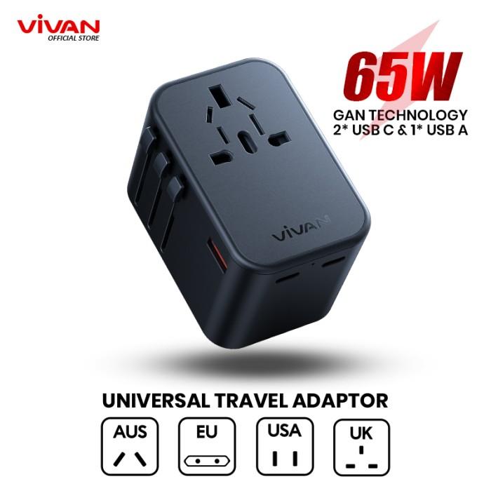 Vivan VPS-T004A Travel Adapter Kepala Charger GaN 65W USB-C USB-A