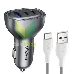 VIVAN CCQ05 Car Charger Mobil 24w Max 2 Port USB-C & 1 USB-A Fast Charging