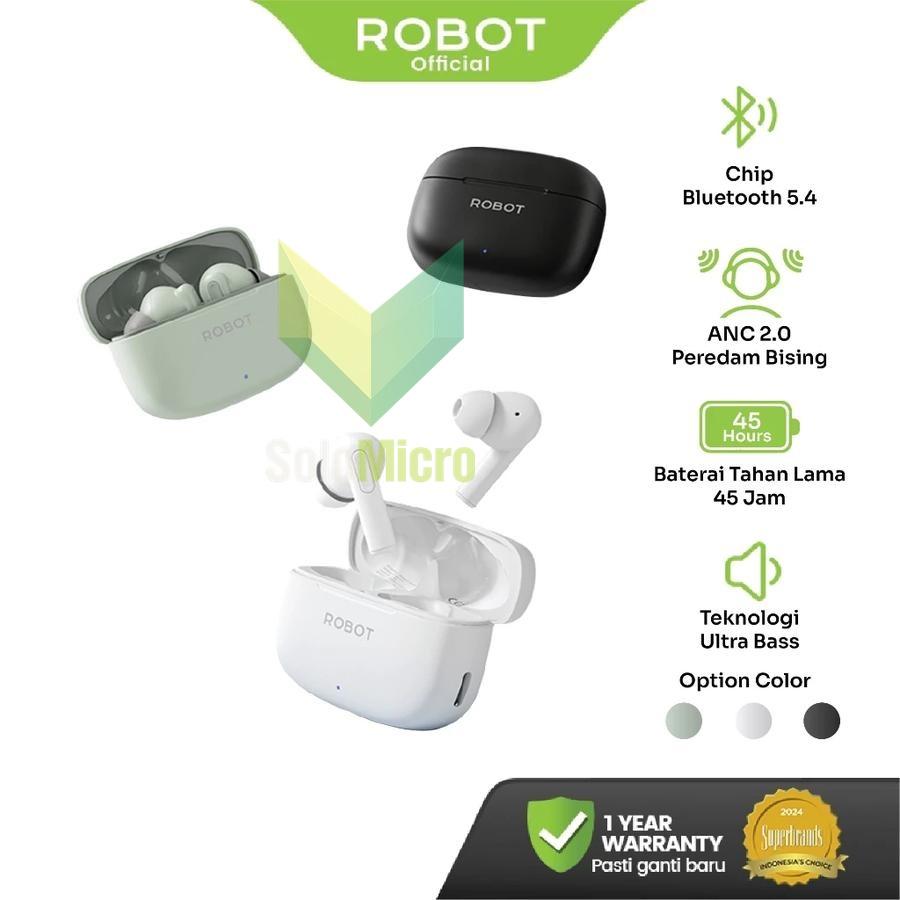 ROBOT New Earphone Bluetooth ANC 2.0 with Bluetooth 5.4 True Wireless Stereo Ultra Bass Algoritma AI 4- Mikrofon Quite E1 Original Garansi