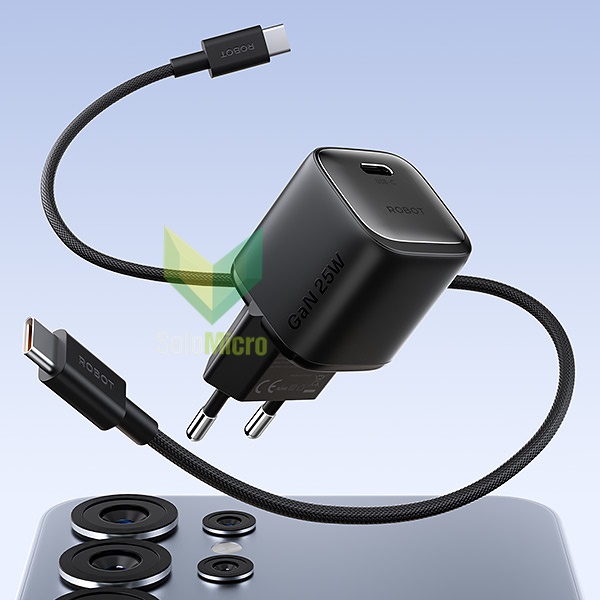 ROBOT Fashion Series Mini GaN Charger 25W RT-X25 with 1.5m braided cable Black