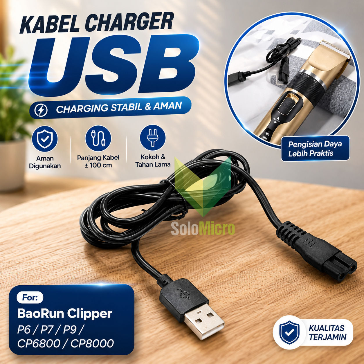 Kabel Charger USB for BaoRun Clipper P6/P7/P9/CP6800/CP8000 1M - 1PB - Black