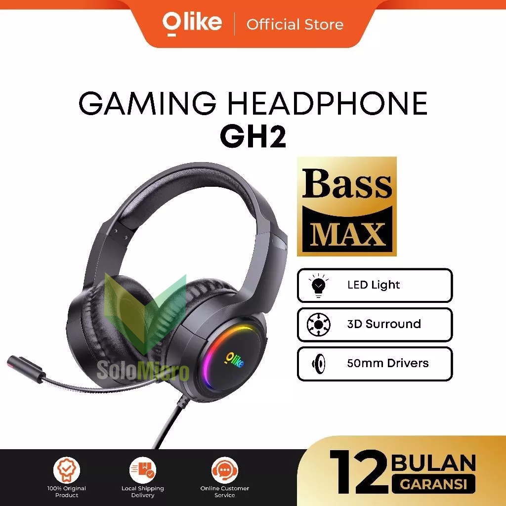 OLIKE Headphone Gaming GH2 with  LED | 360 Omnidirectional Microphone | 50mm Drivers Stereo Bass | 3D Surround Precise Positioning
