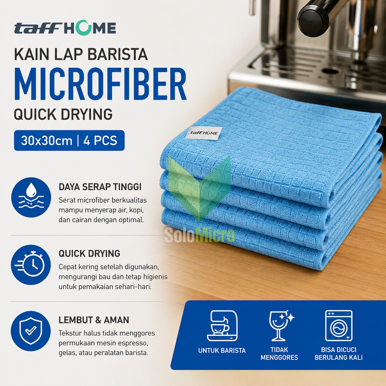 TaffHOME Kain Lap Barista Microfiber Quick Drying 30x30cm 4 PCS - W-36P