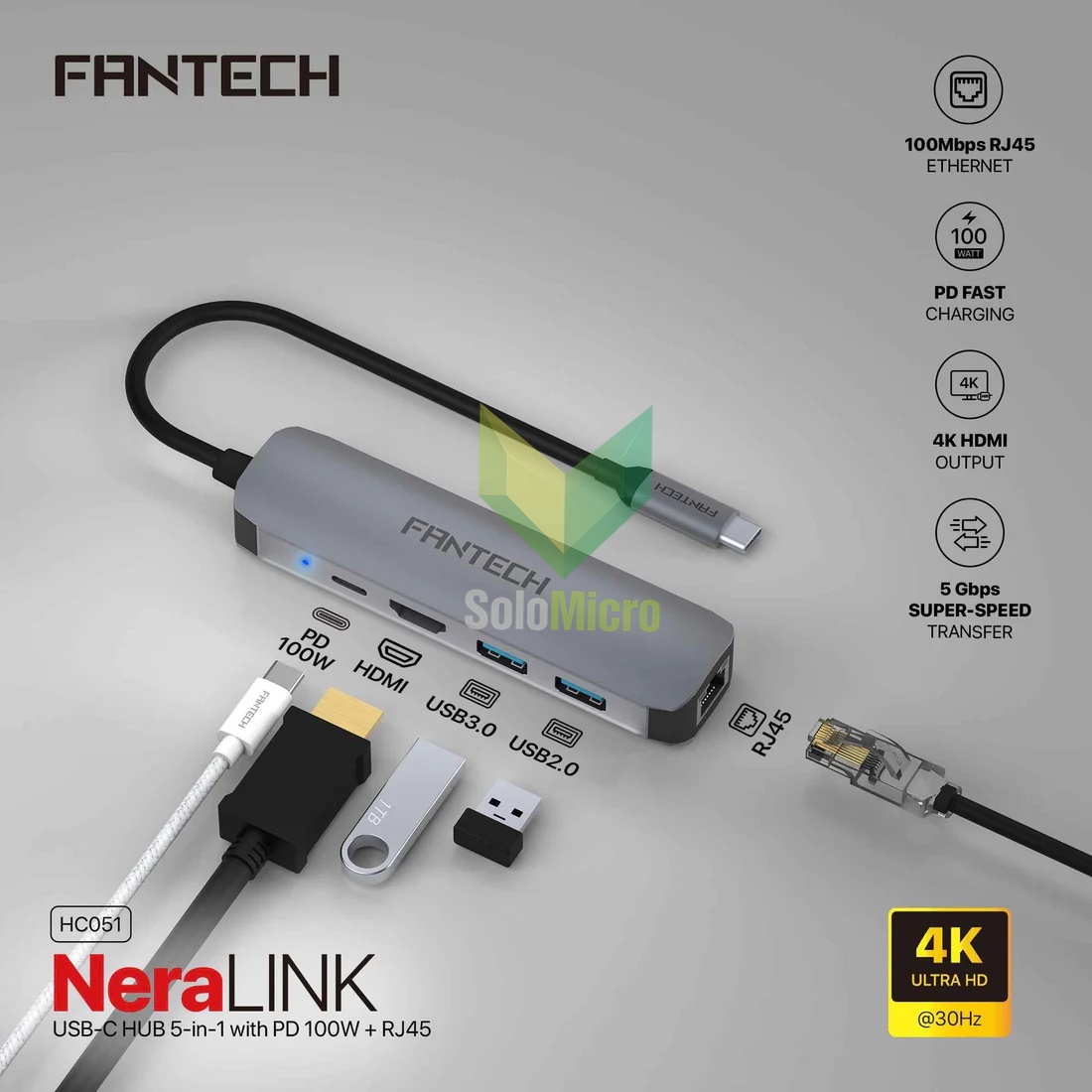 FANTECH HC051 Converter USB Hub Type C 5in1 LAN 100 Mbps PD100W Pengisian Cepat 4K HDMI Output 5 Gbps Transfer Data