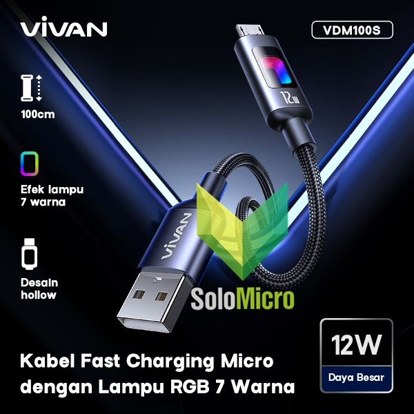 VIVAN VDM100S Lume data cable RGB Breathing Light Cool Charge A to Micro 12W 100CM