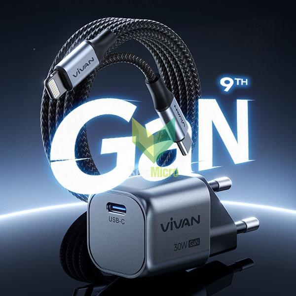 VIVAN Q30L USB-C to Lightning Cable Super Mini Adaptor Kepala Charger GaN 9th Generation USB-C PD QC3.0 Fast Charging (GaN-Q Series) Lebih Dingin