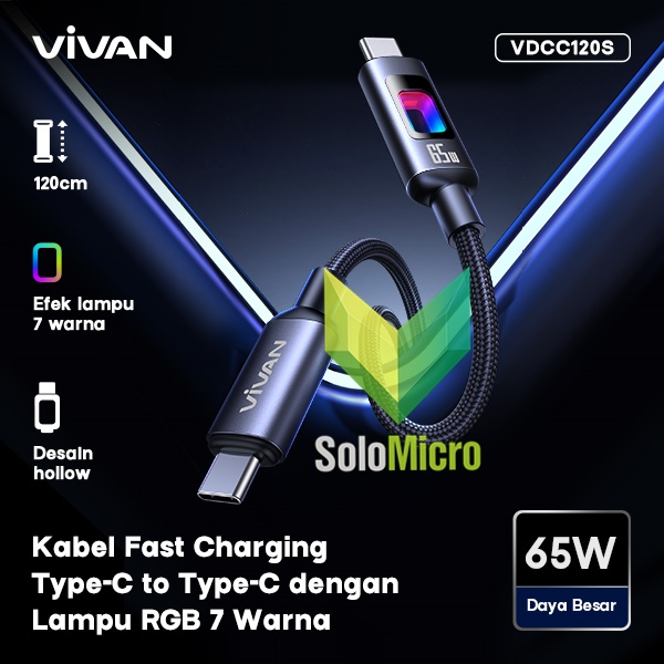 VIVAN VDCC120S Lume data cable RGB Breathing Light Cool Charge C to C 65W 120CM