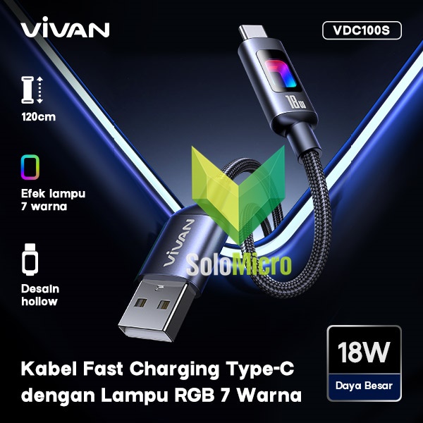 VIVAN VDC100S Lume data cable RGB Breathing Light Cool Charge A to C 18W 100CM