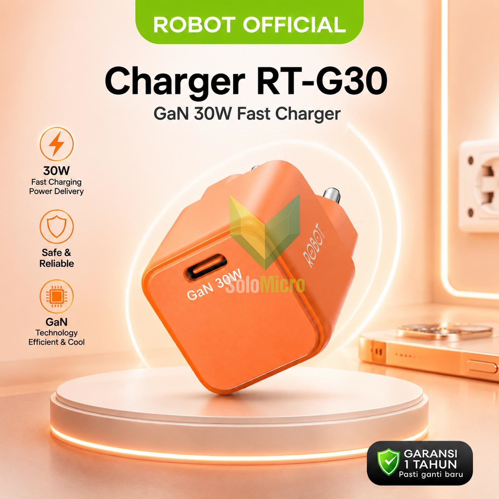 ROBOT RT-G30 Orange Charger GaN 30W Fast Charging Port Type C PD QC3.0 PPS Mini Adaptor Adapter Kepala Charger Handphone