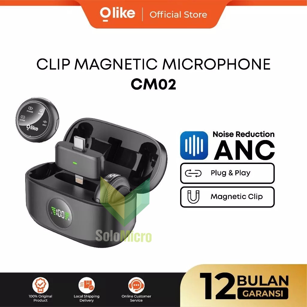 OLIKE Clip Magnetic Microphone CM02 Mic Wireless ANC 40H Plug n Play Battery dengan Klip Magnetik dan Reduksi Bising - Hitam