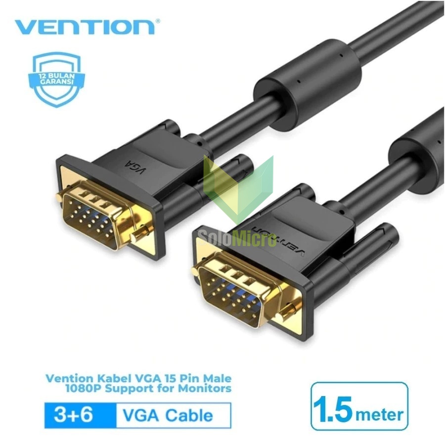 VENTION DAEBF Kabel VGA 1.5m Male to Male with Ferrite Core 1.5 Meter VGA (3+6) 1.5M Kabel Tebal Berkualitas dan Tidak Mudah Putus - Hitam